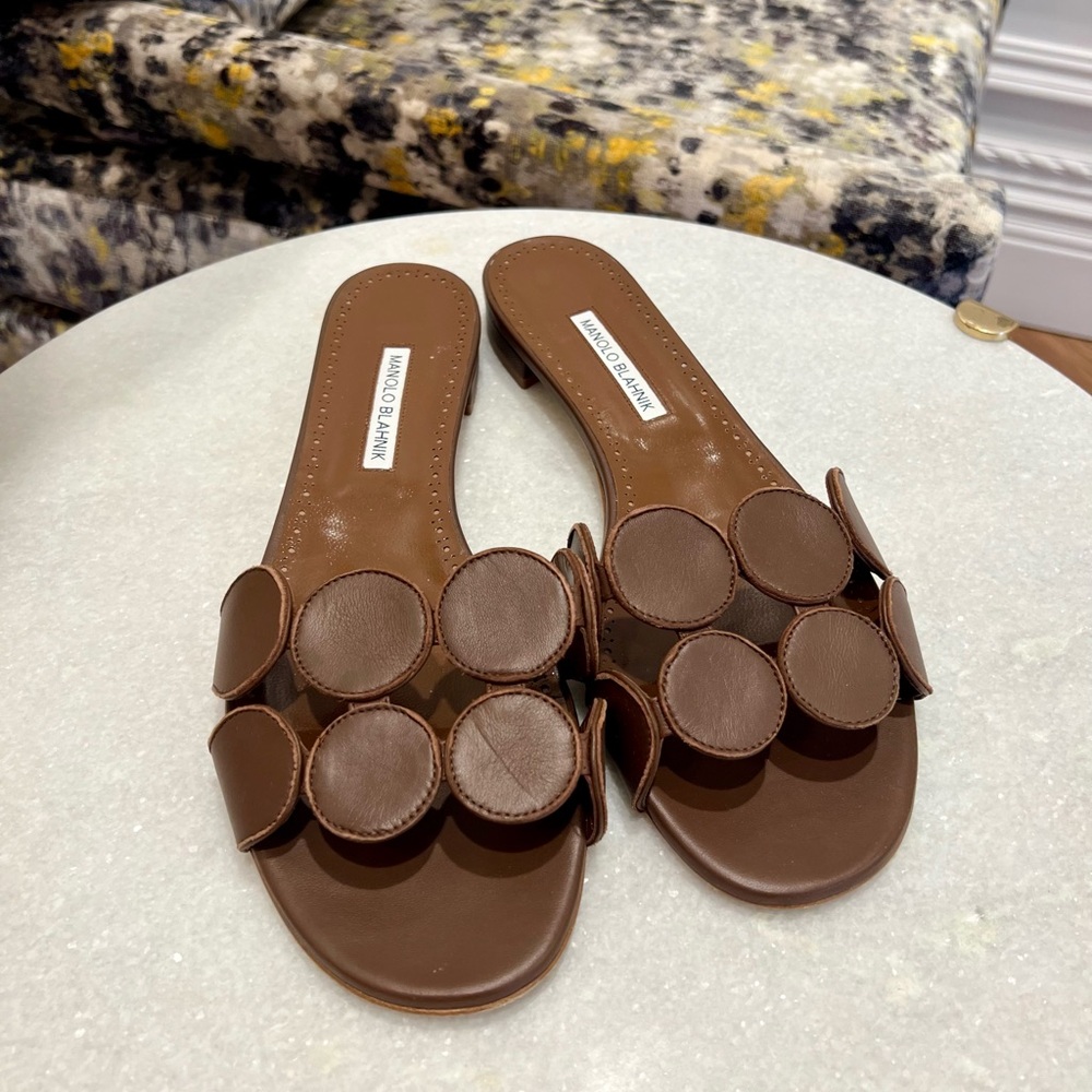 Manolo Blahnik - Circle-Cut Leather Flat Slide Sandals | Size 41 | Gently Used